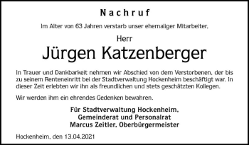 Traueranzeige von Jürgen Katzenberger von Schwetzinger Zeitung