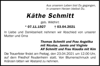 Traueranzeige von Käthe Schmitt von Mannheimer Morgen