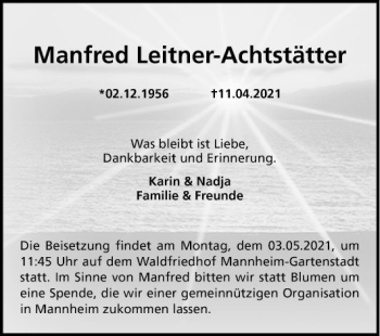 Traueranzeige von Manfred Leitner-Achtstätter von Mannheimer Morgen