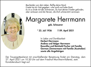 Traueranzeige von Margarete Herrmann von Mannheimer Morgen