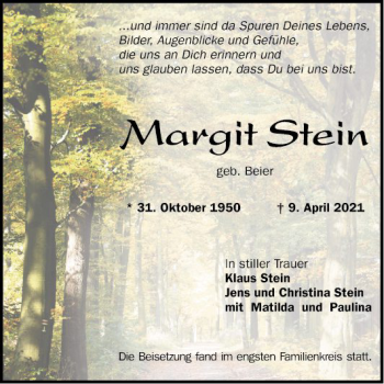 Traueranzeige von Margit Stein von Mannheimer Morgen