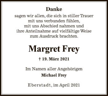 Traueranzeige von Margret Frey von Fränkische Nachrichten