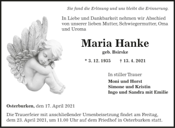 Traueranzeige von Maria Hanke von Fränkische Nachrichten