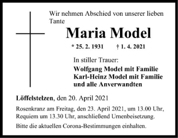 Traueranzeige von Maria Model von Fränkische Nachrichten