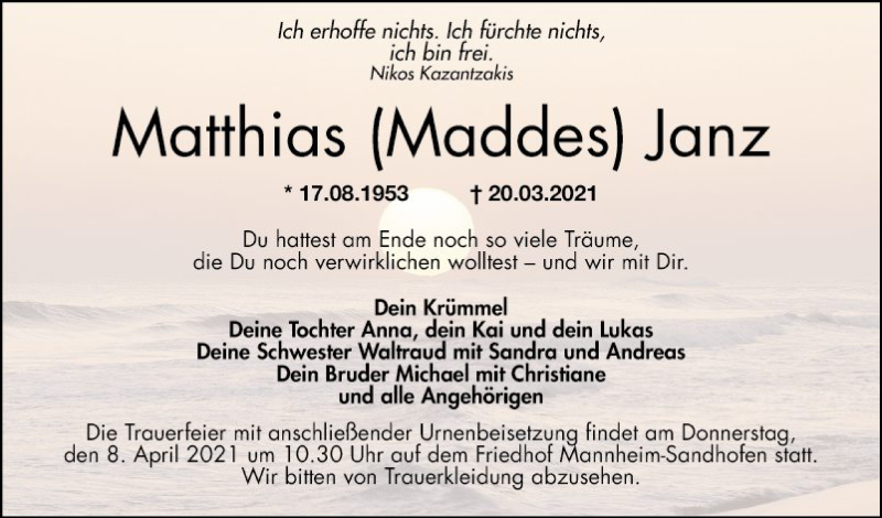  Traueranzeige für Matthias  Janz vom 03.04.2021 aus Mannheimer Morgen