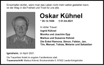 Traueranzeige von Oskar Kühnel von Fränkische Nachrichten