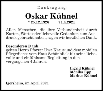 Traueranzeige von Oskar Kühnel von Fränkische Nachrichten