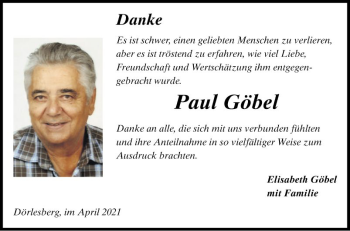 Traueranzeige von Paul Göbel von Fränkische Nachrichten