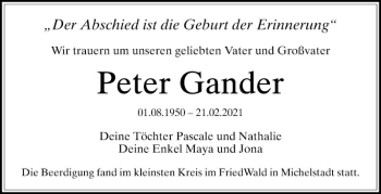 Traueranzeige von Peter Gander von Mannheimer Morgen