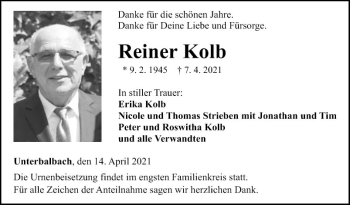 Traueranzeige von Reiner Kolb von Fränkische Nachrichten