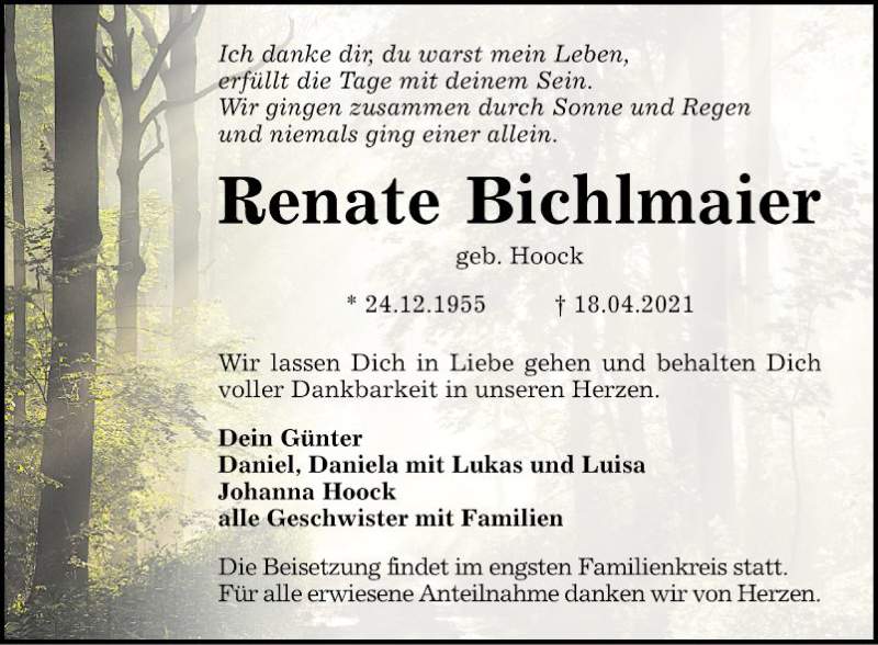  Traueranzeige für Renate Bichlmaier vom 24.04.2021 aus Südhessen Morgen
