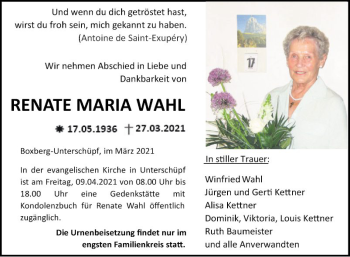 Traueranzeige von Renate Maria Wahl von Fränkische Nachrichten