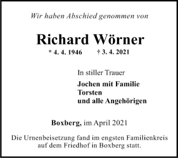 Traueranzeige von Richard Wörner von Fränkische Nachrichten