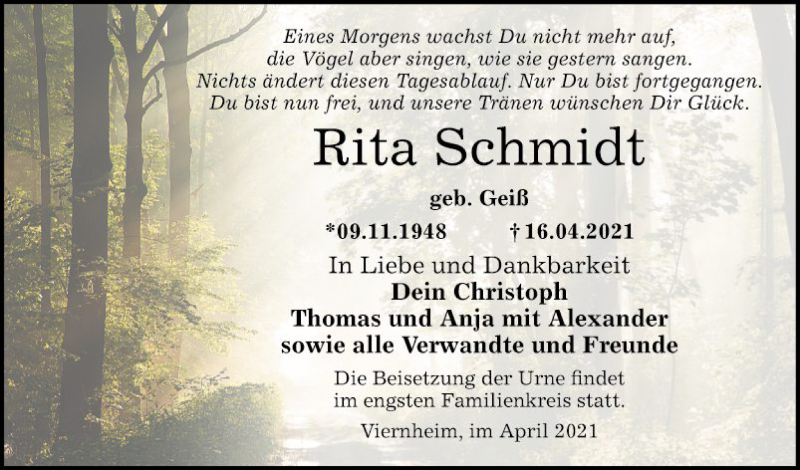  Traueranzeige für Rita Schmidt vom 24.04.2021 aus Südhessen Morgen