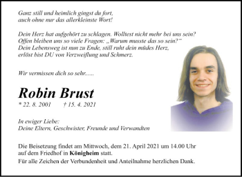 Traueranzeige von Robin Brust von Fränkische Nachrichten