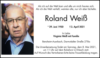 Traueranzeige von Roland Weiß von Bergsträßer Anzeiger