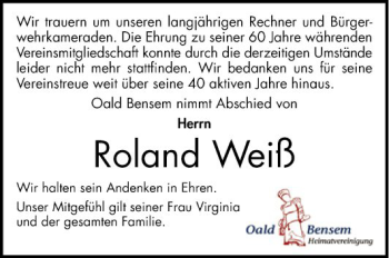 Traueranzeige von Roland Weiß von Bergsträßer Anzeiger