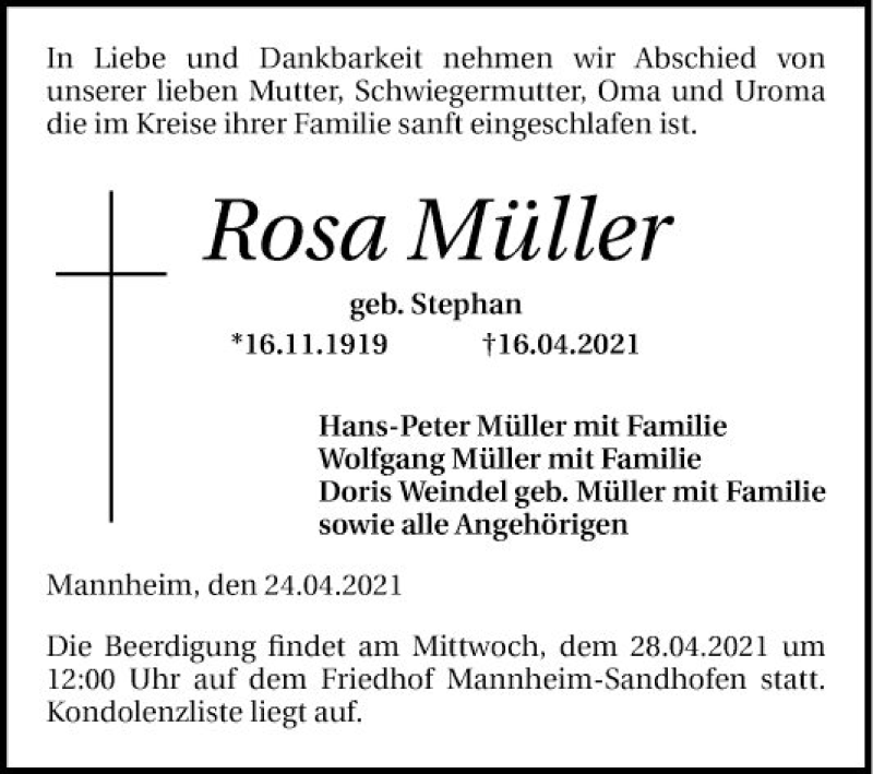  Traueranzeige für Rosa Müller vom 24.04.2021 aus Mannheimer Morgen