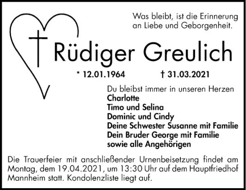  Traueranzeige für Rüdiger Greulich vom 17.04.2021 aus Mannheimer Morgen