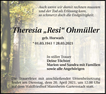 Traueranzeige von Theresia Ohmüller von Mannheimer Morgen