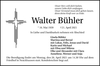 Traueranzeige von Walter Bühler von Mannheimer Morgen