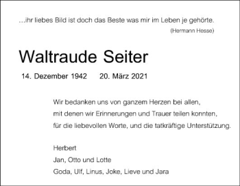 Traueranzeige von Waltraude Seiter von Schwetzinger Zeitung