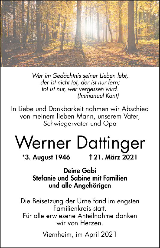  Traueranzeige für Werner Dattinger vom 10.04.2021 aus Mannheimer Morgen
