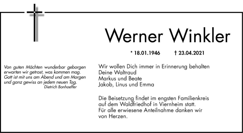  Traueranzeige für Werner Winkler vom 30.04.2021 aus Südhessen Morgen