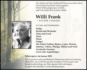 Traueranzeige von Willi Frank von Fränkische Nachrichten