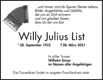 Traueranzeige von Willy Julius List von Schwetzinger Zeitung