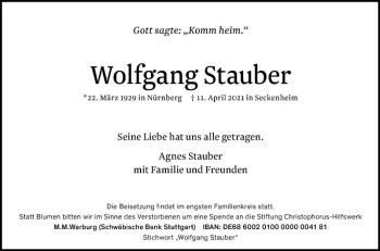 Traueranzeige von Wolfgang Stauber von Mannheimer Morgen