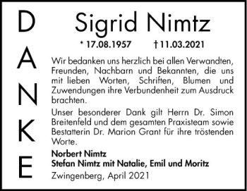 Traueranzeige von igrid Nimtz von Bergsträßer Anzeiger