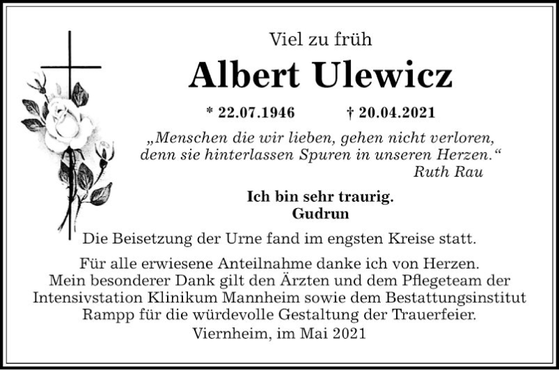  Traueranzeige für Albert Ulewicz vom 08.05.2021 aus Mannheimer Morgen