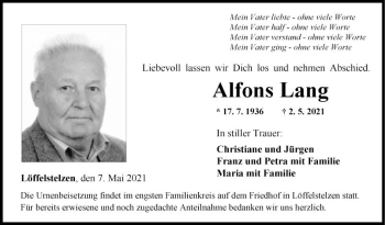 Traueranzeige von Alfons Lang von Fränkische Nachrichten