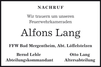 Traueranzeige von Alfons Lang von Fränkische Nachrichten