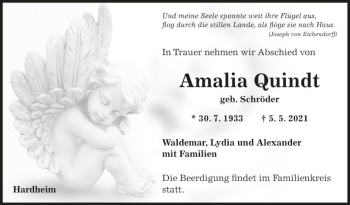 Traueranzeige von Amalia Quindt von Fränkische Nachrichten