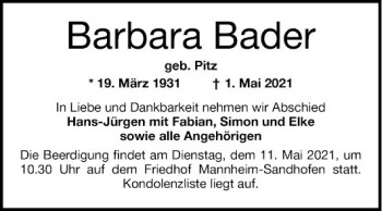 Traueranzeige von Barbara Bader von Mannheimer Morgen