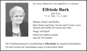 Traueranzeige von Elfriede Burk von Fränkische Nachrichten