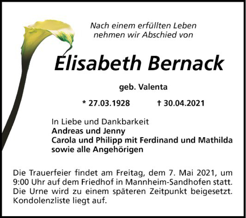  Traueranzeige für Elisabeth Bernack vom 05.05.2021 aus Mannheimer Morgen