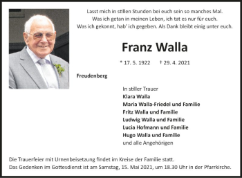 Traueranzeige von Franz Walla von Fränkische Nachrichten