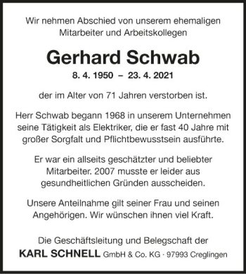 Traueranzeige von Gerhard Schwab von Fränkische Nachrichten