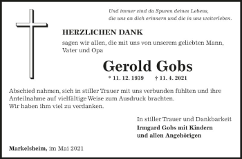 Traueranzeige von Gerold Gobs von Fränkische Nachrichten