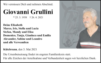 Traueranzeige von Giovanni Grullini von Fränkische Nachrichten