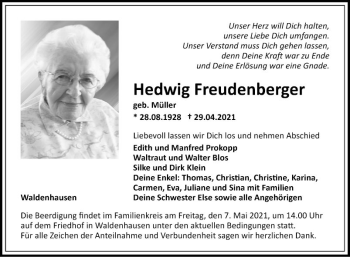 Traueranzeige von Hedwig Freudenberger von Fränkische Nachrichten