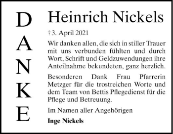 Traueranzeige von Heinrich Nickels von Bergsträßer Anzeiger