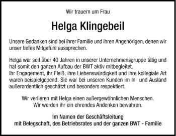 Traueranzeige von Helga Klingebeil von Mannheimer Morgen