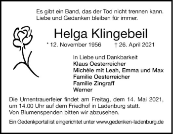 Traueranzeige von Helga Klingebeil von Mannheimer Morgen