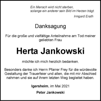 Traueranzeige von Herta Jankowski von Fränkische Nachrichten