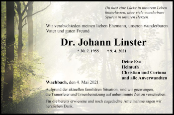 Traueranzeige von Johann Linster von Fränkische Nachrichten