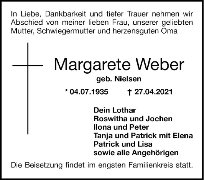  Traueranzeige für Margarete Weber vom 08.05.2021 aus Mannheimer Morgen